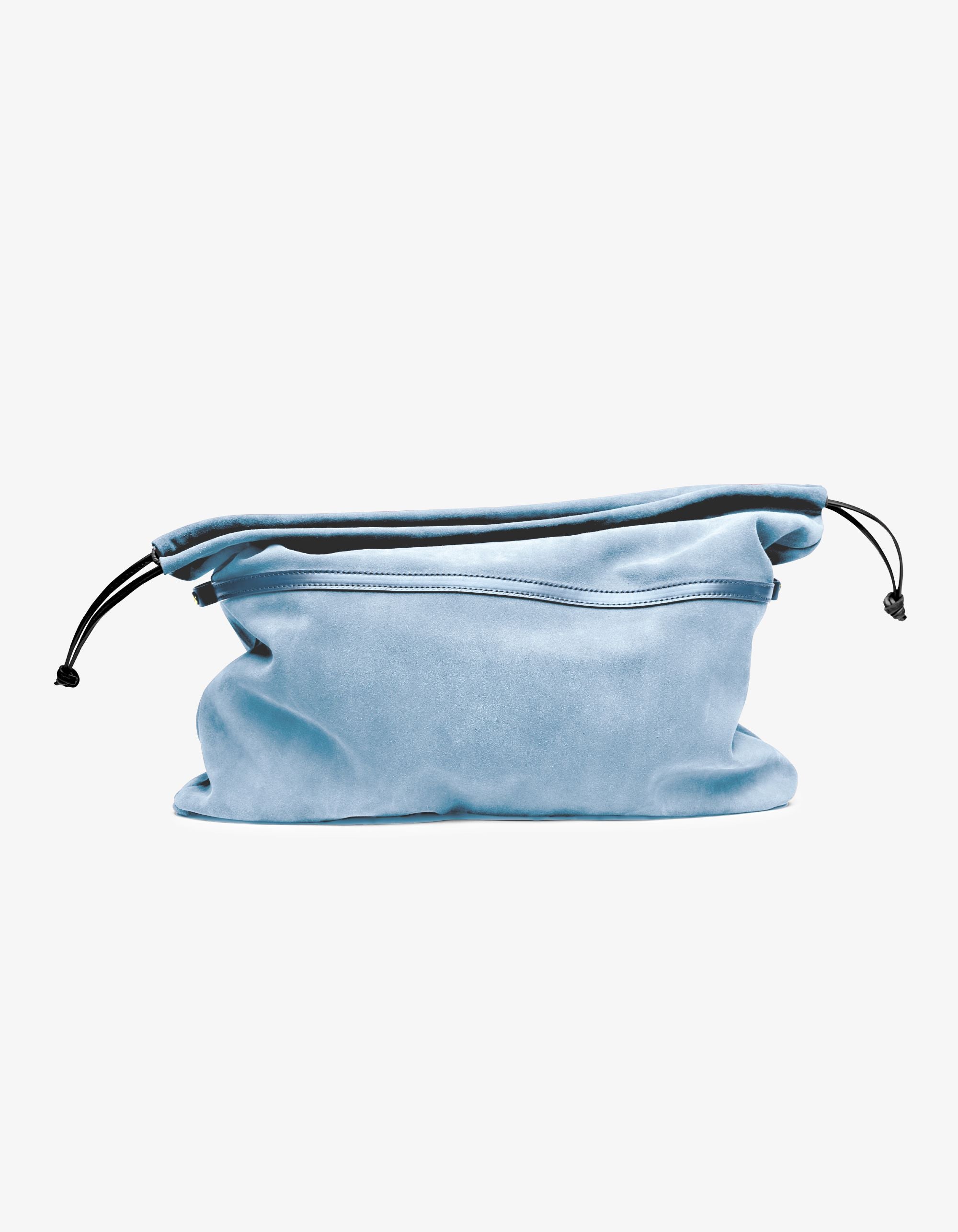 Gigi pouch in sky Italian suede, handmade in NYC, with drawstring closure and soft suede interior