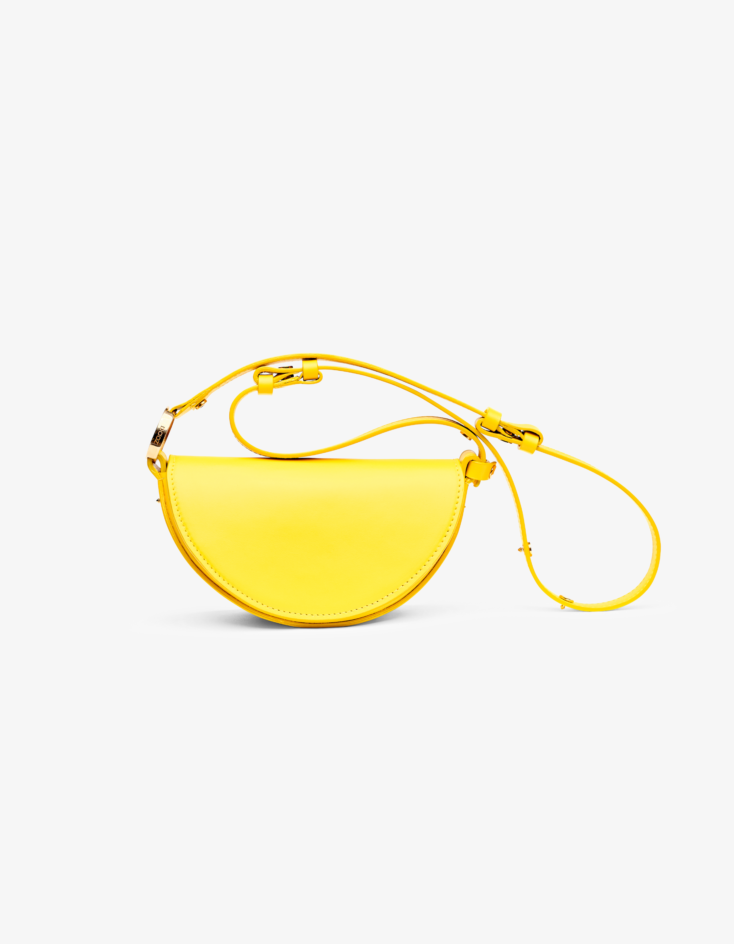 A yellow handbag with a half-moon shape, featuring a strap with adjustable lengths.