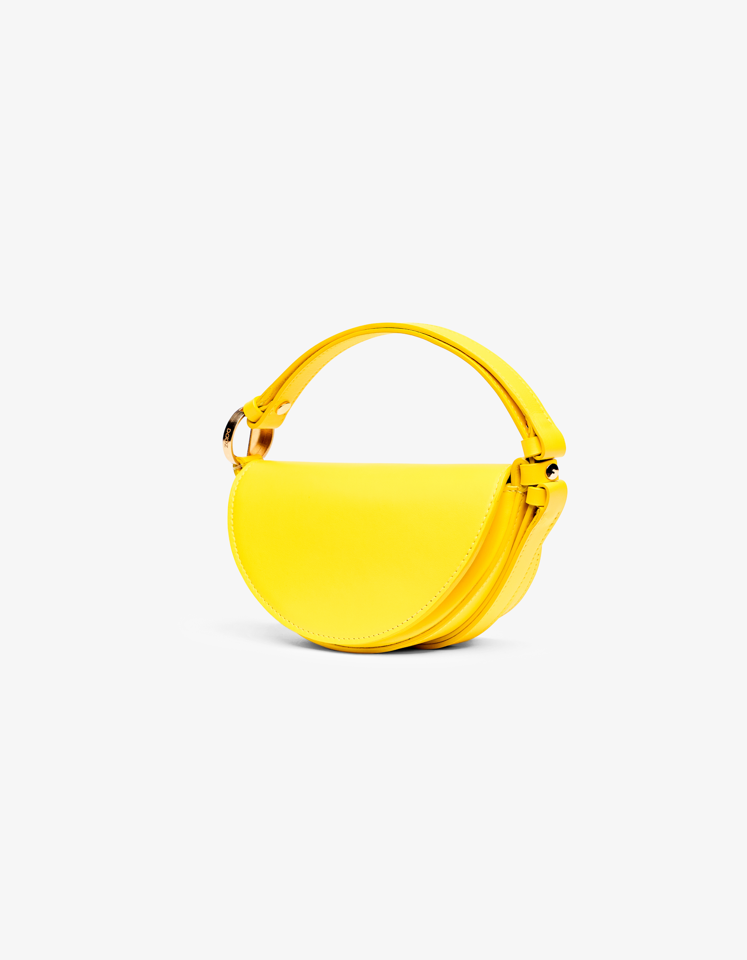 A compact yellow handbag with a half-moon shape, designed to be worn handheld, on the shoulder, or crossbody.