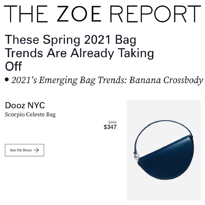 Dooz Scorpio celeste bag navy leather purse featured in Zoe Report fashion editorial