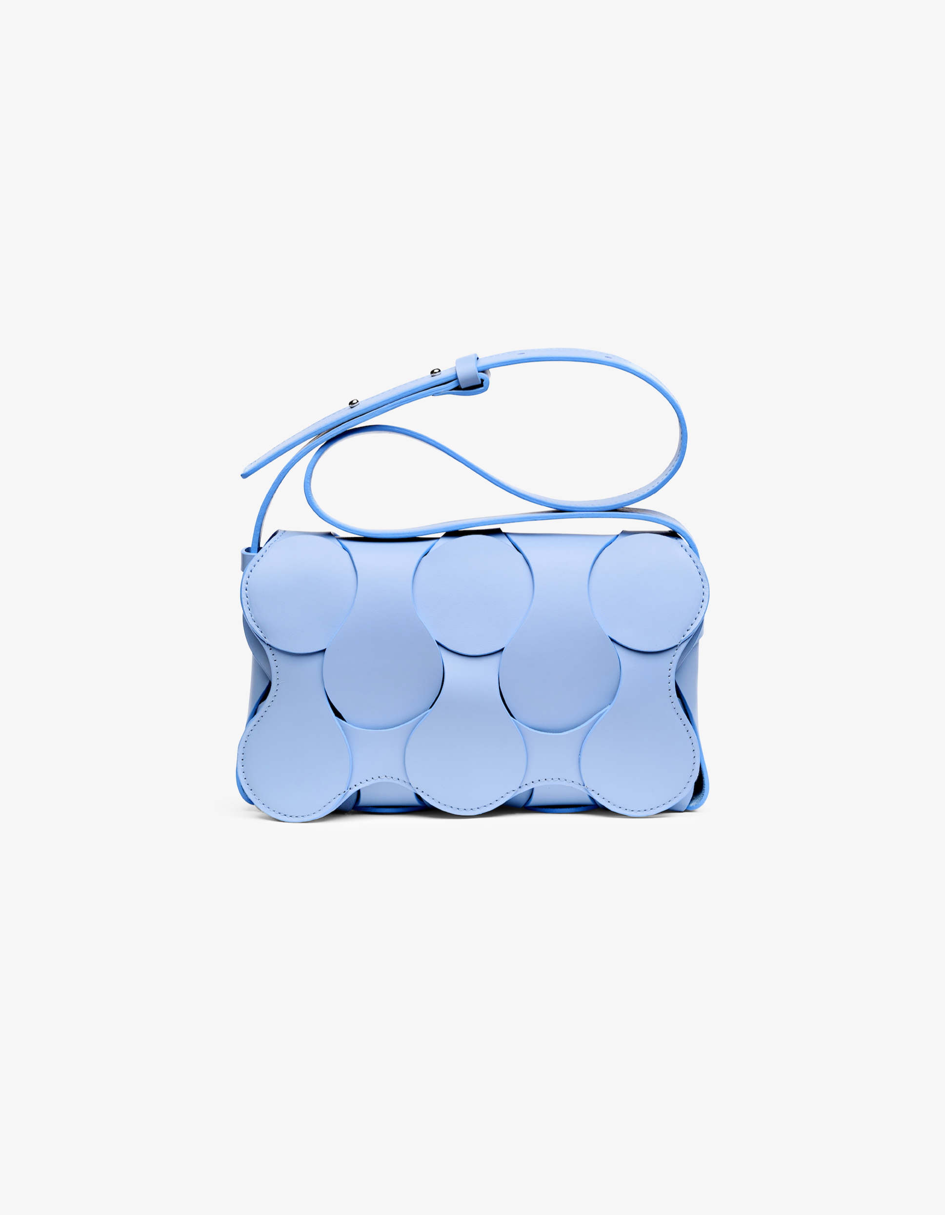 Dooz Gigi bag in sky Italian calfskin leather, hand-stitched, magnetic flap, woven circular leather detail, convertible strap for shoulder or crossbody