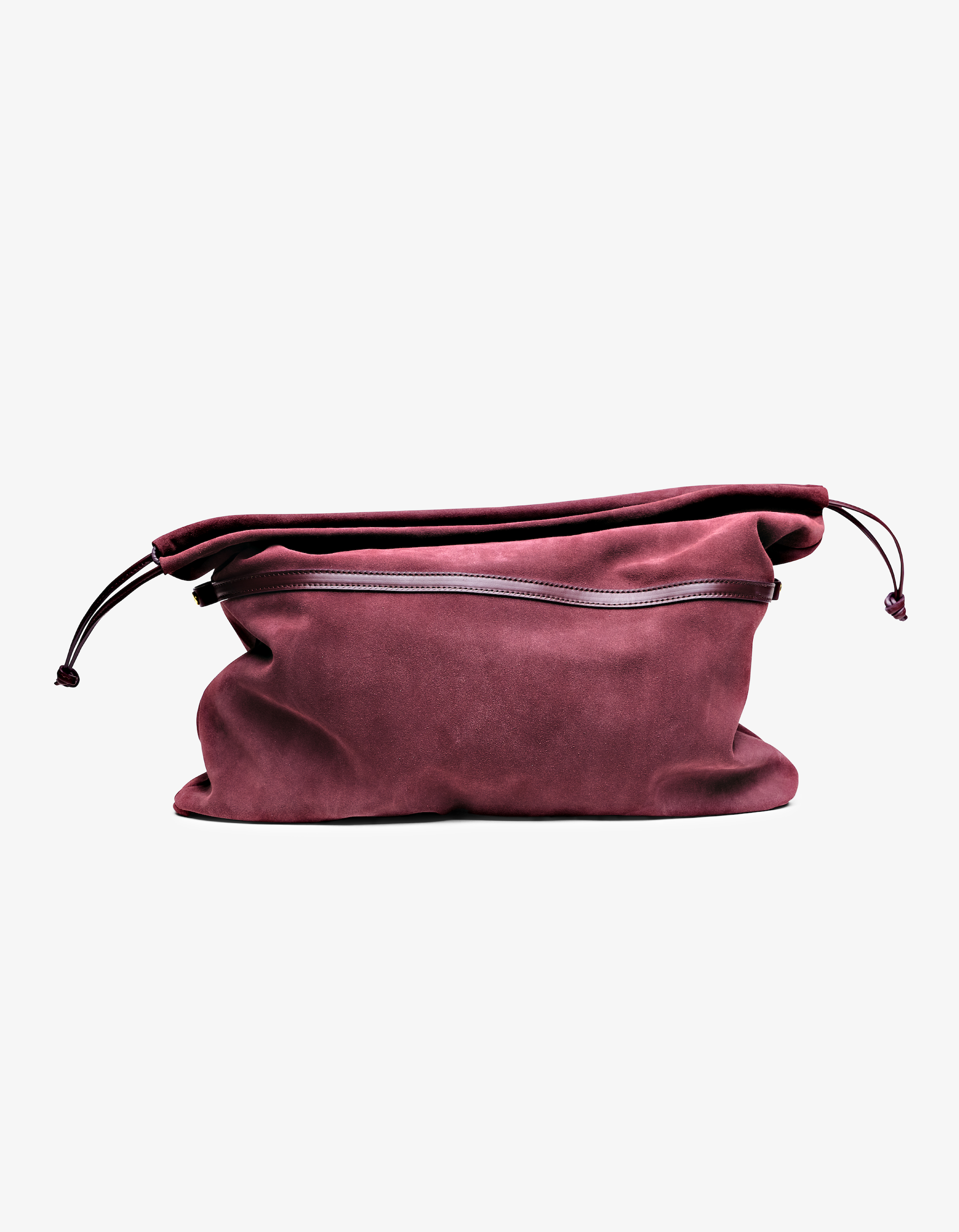 Gigi pouch in oxblood Italian calfskin leather, handmade in NYC, with suede-backed interior and drawstring closure