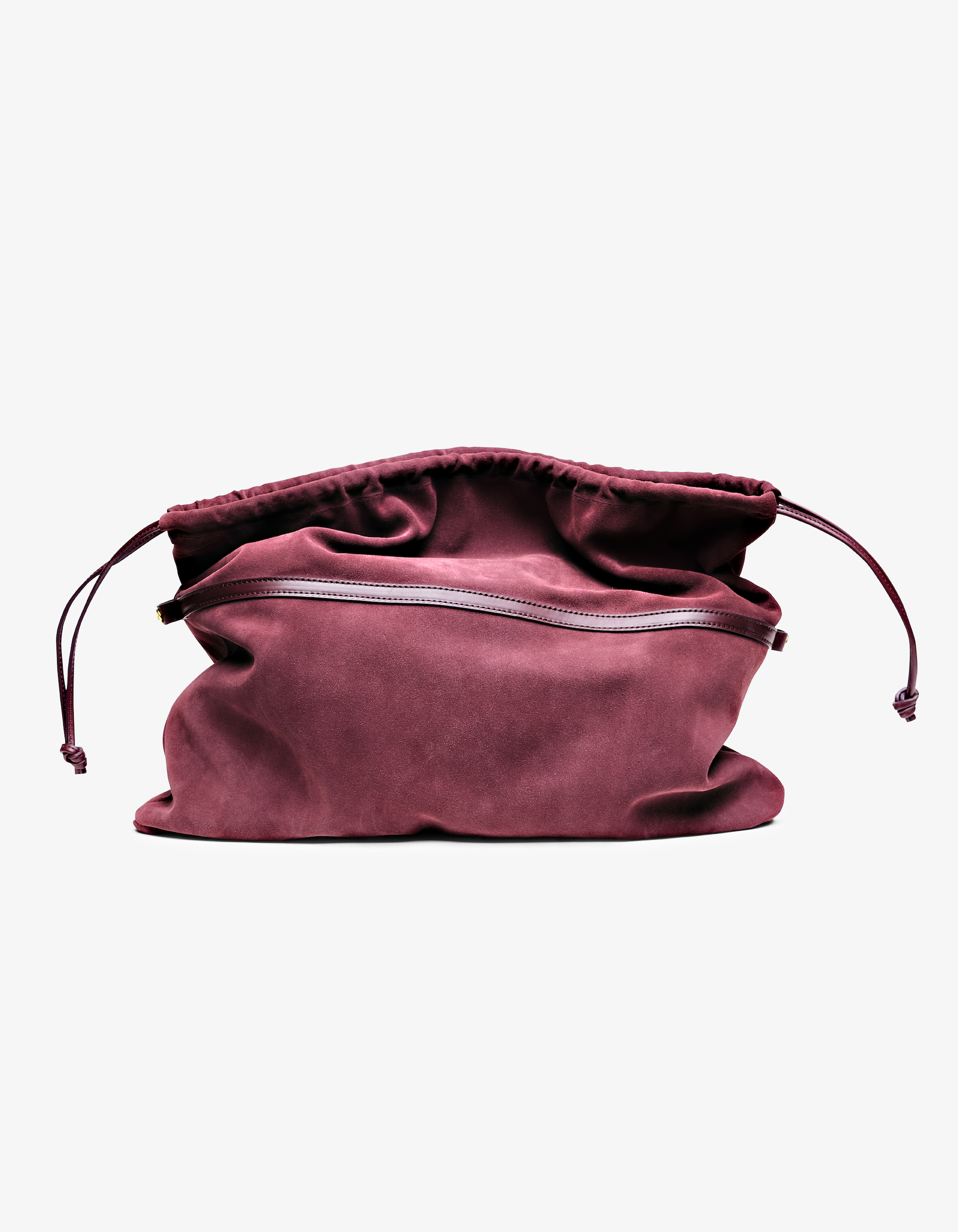 Gigi pouch in oxblood Italian calfskin leather, handmade in NYC, with suede-backed interior and drawstring closure