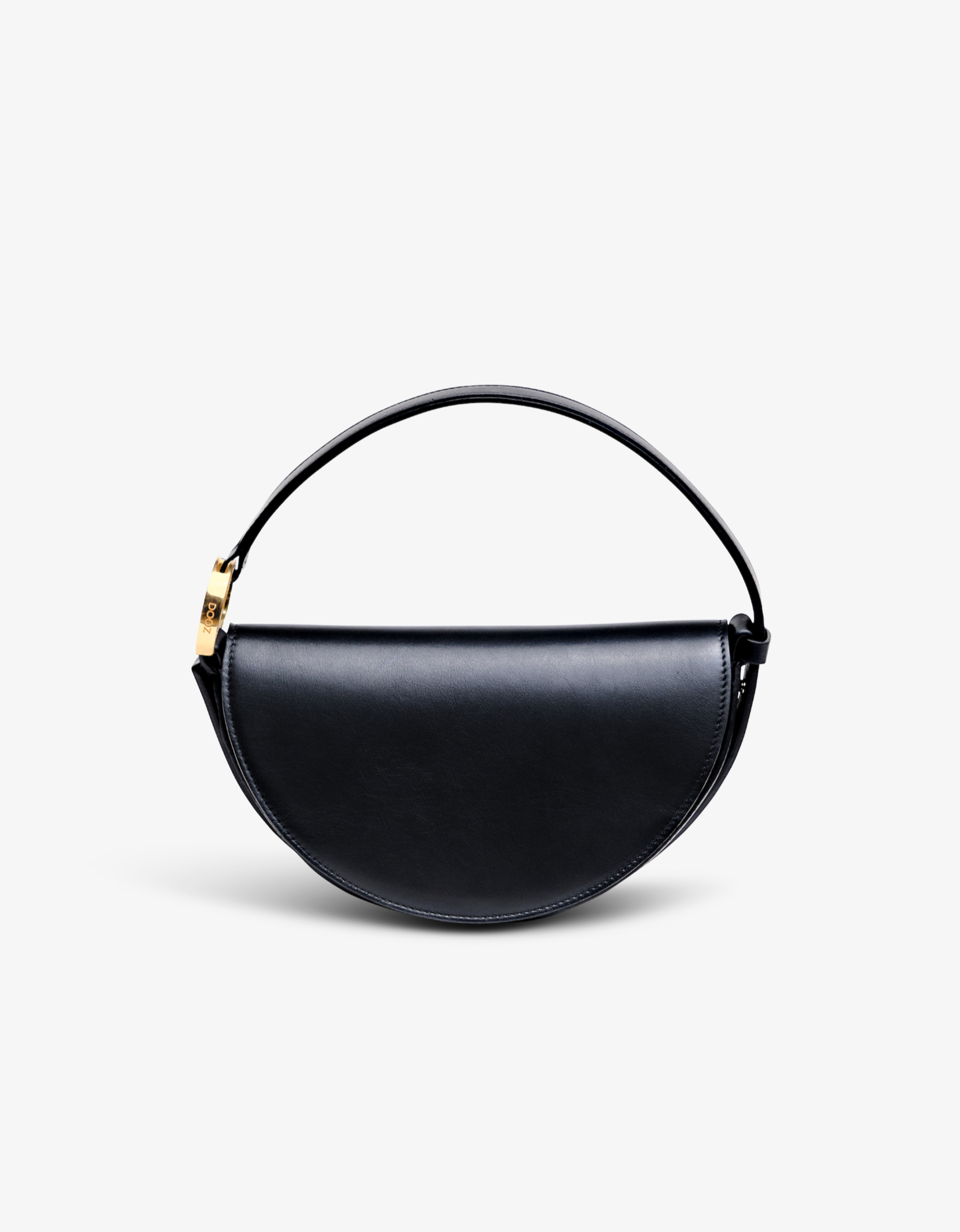 A black, half-moon shaped handbag with a structured form and signature hardware, crafted from Italian calfskin leather.