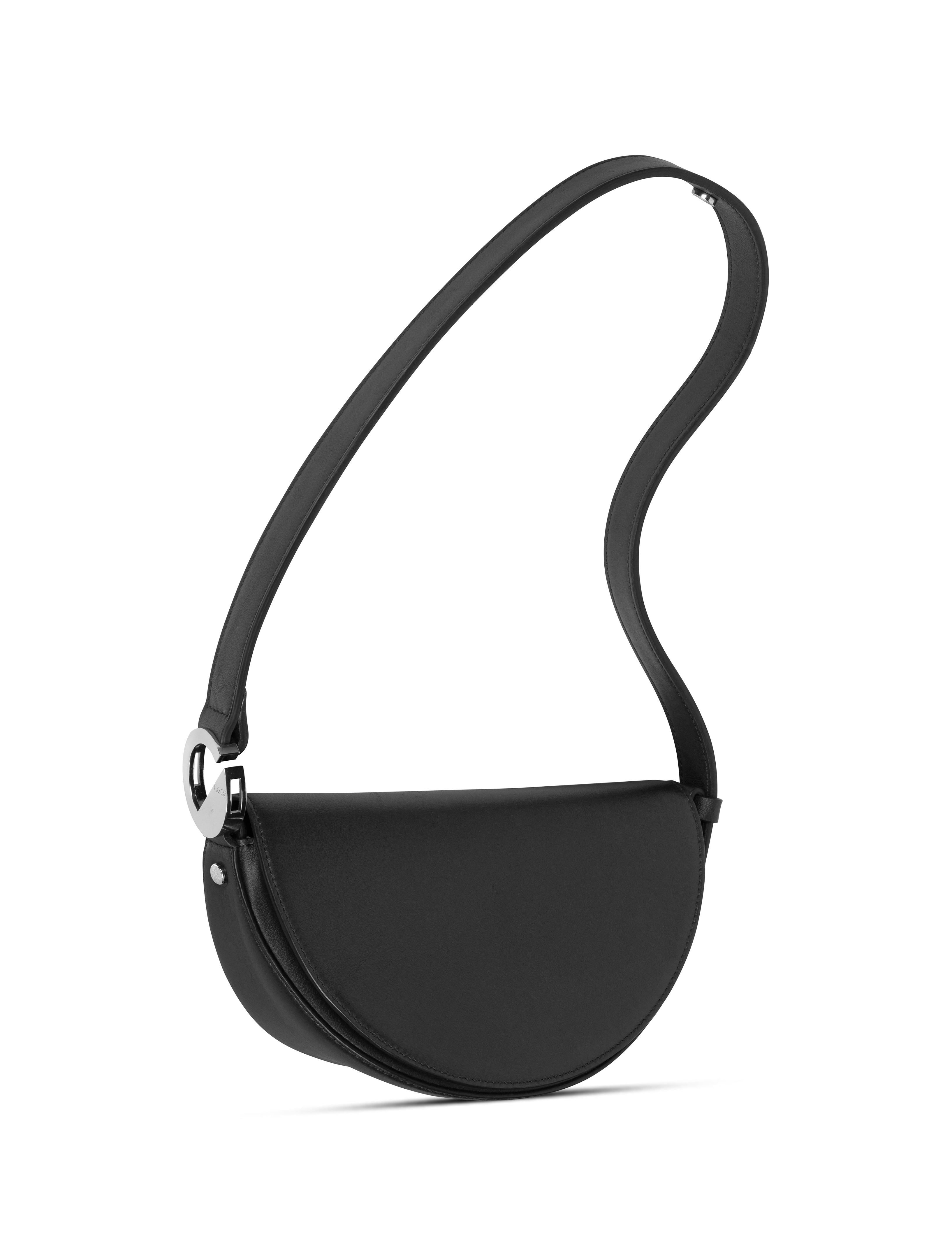 Sophisticated Dooz Celeste bag in Black leather, featuring extendable shoulder strap and unique circular design