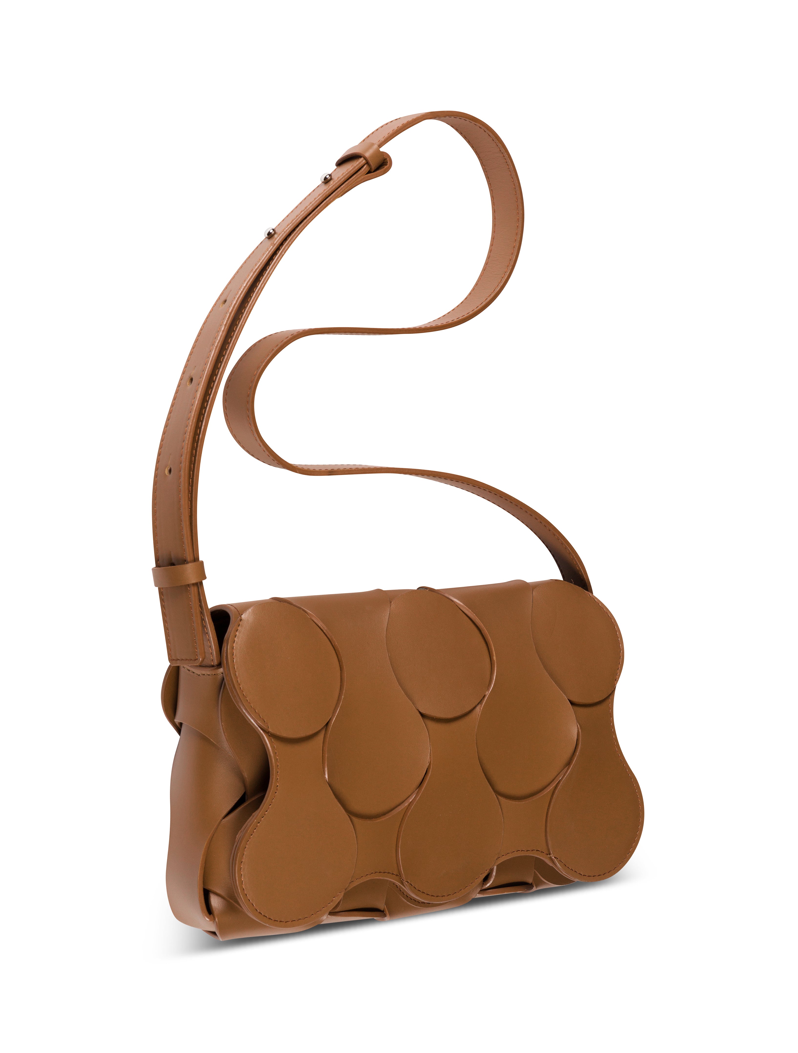 Unique Dooz Gigi bag in color Saddle, handmade in the USA with wavy woven Italian Nappa leather