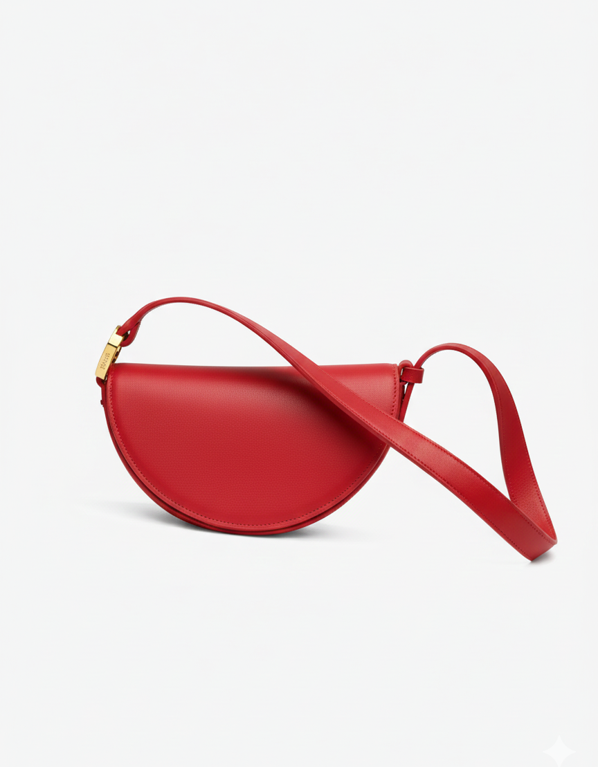 Red handbag with a strap on a light gray background