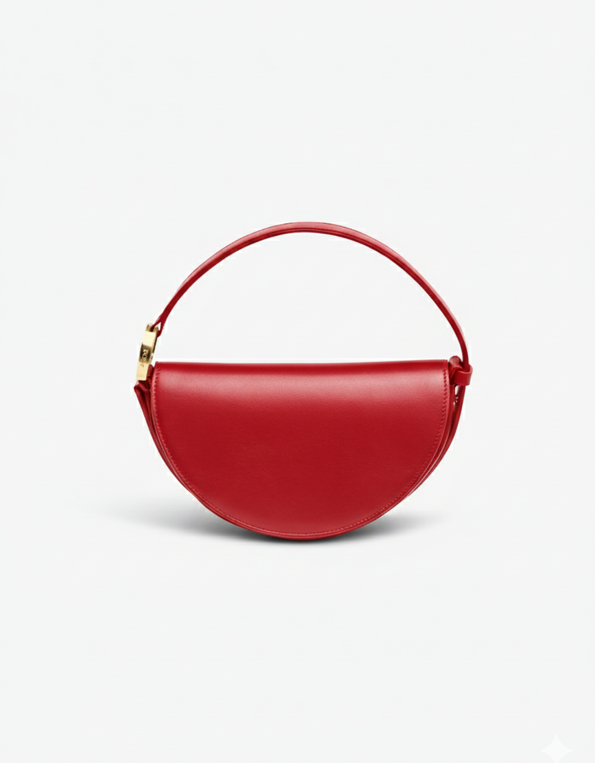 Red handbag with a gold handle on a light gray background