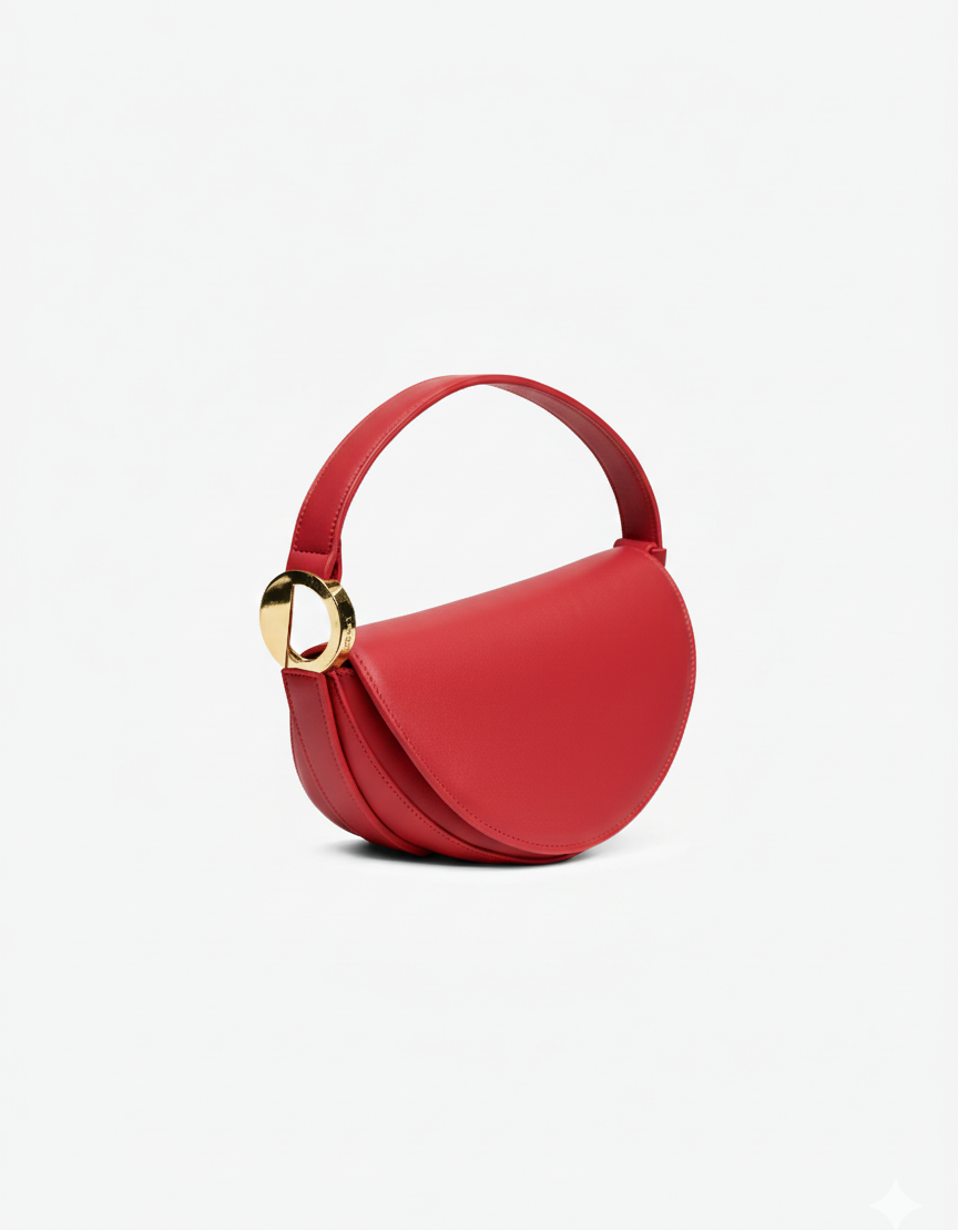 Red handbag with a gold ring on a white background