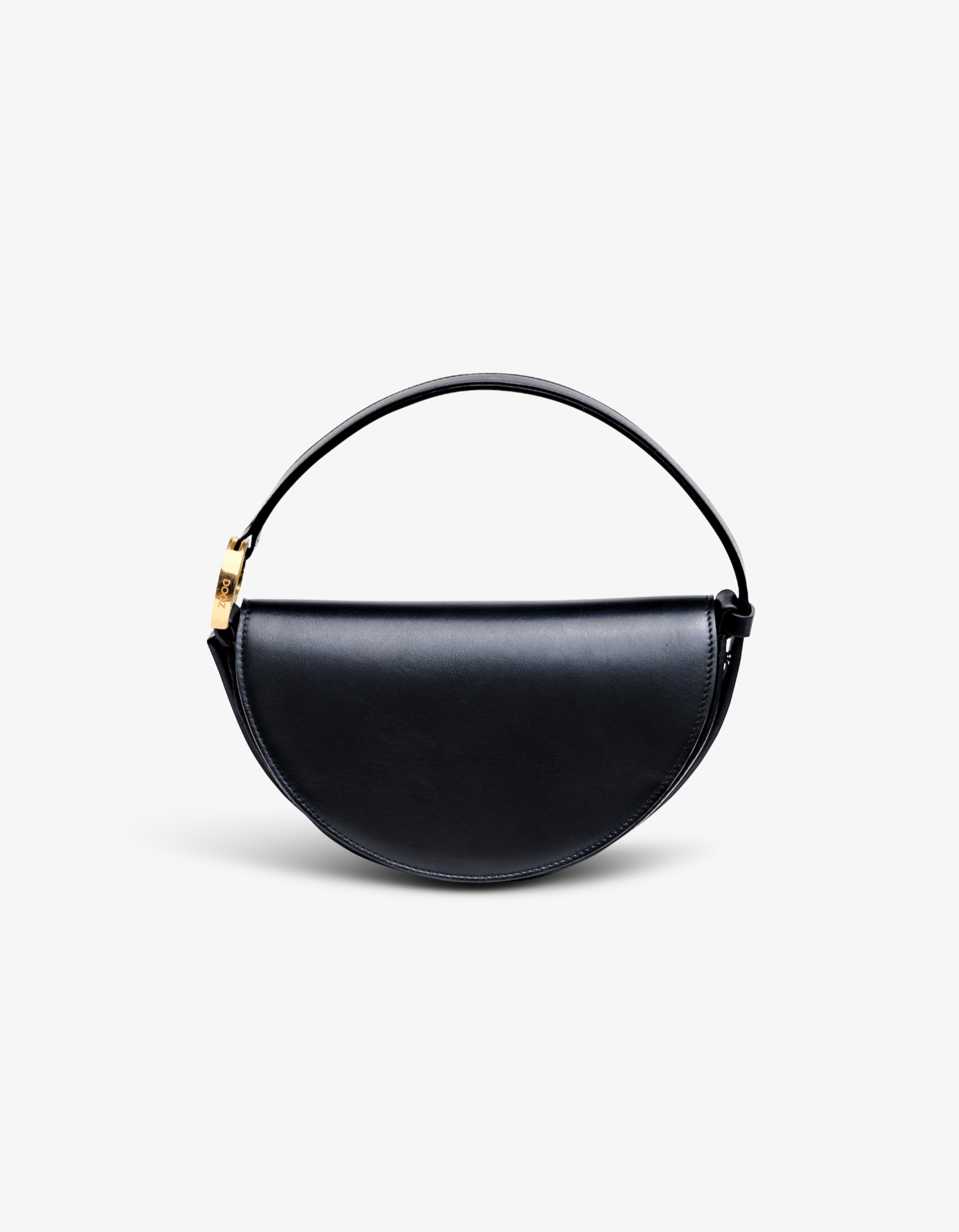 A black, half-moon shaped handbag with a structured form and signature hardware, crafted from Italian calfskin leather.