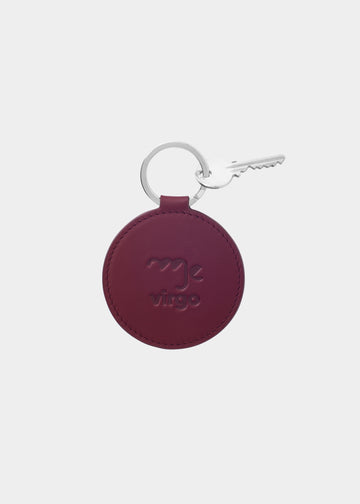 Dooz Virgo burgundy leather keychain with embossed zodiac glyph and silver keyring
