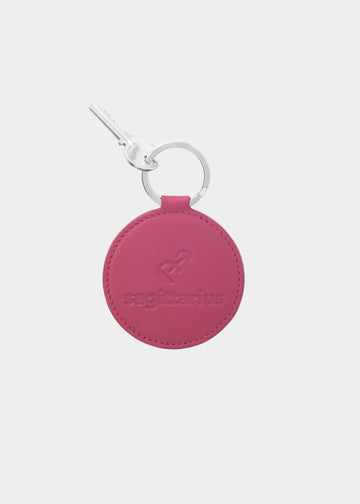 Dooz Sagittarius fuchsia pink leather keychain with embossed zodiac glyph and silver keyring