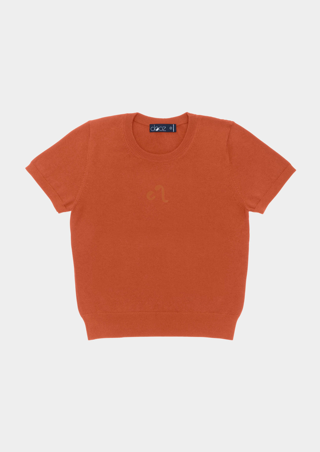 Dooz Leo orange cotton knit short sleeve sweater tee with flocked zodiac glyph