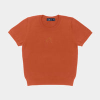 Dooz Leo orange cotton knit short sleeve sweater tee with flocked zodiac glyph