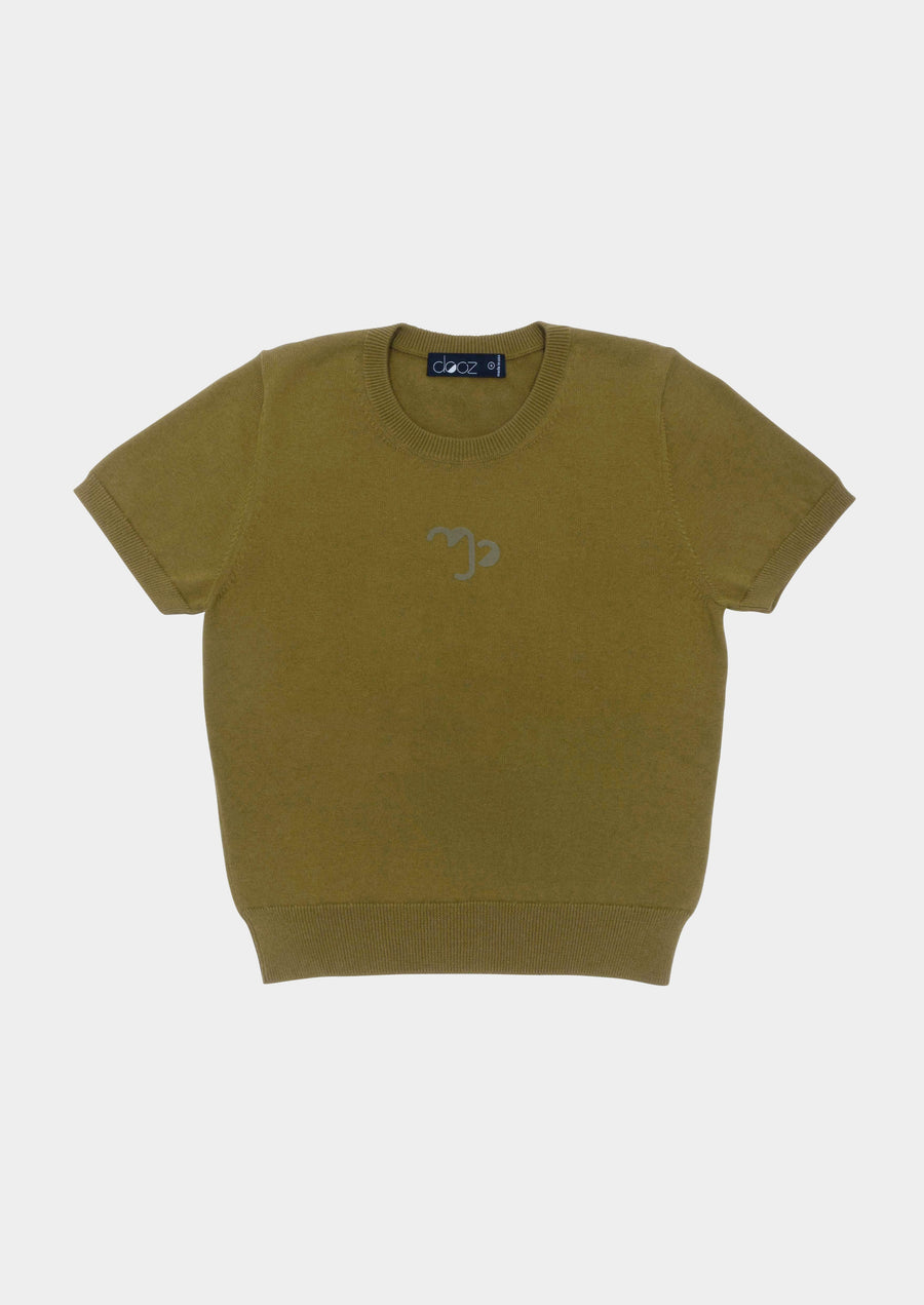 Dooz Capricorn olive green cotton knit short sleeve sweater tee with flocked zodiac glyph