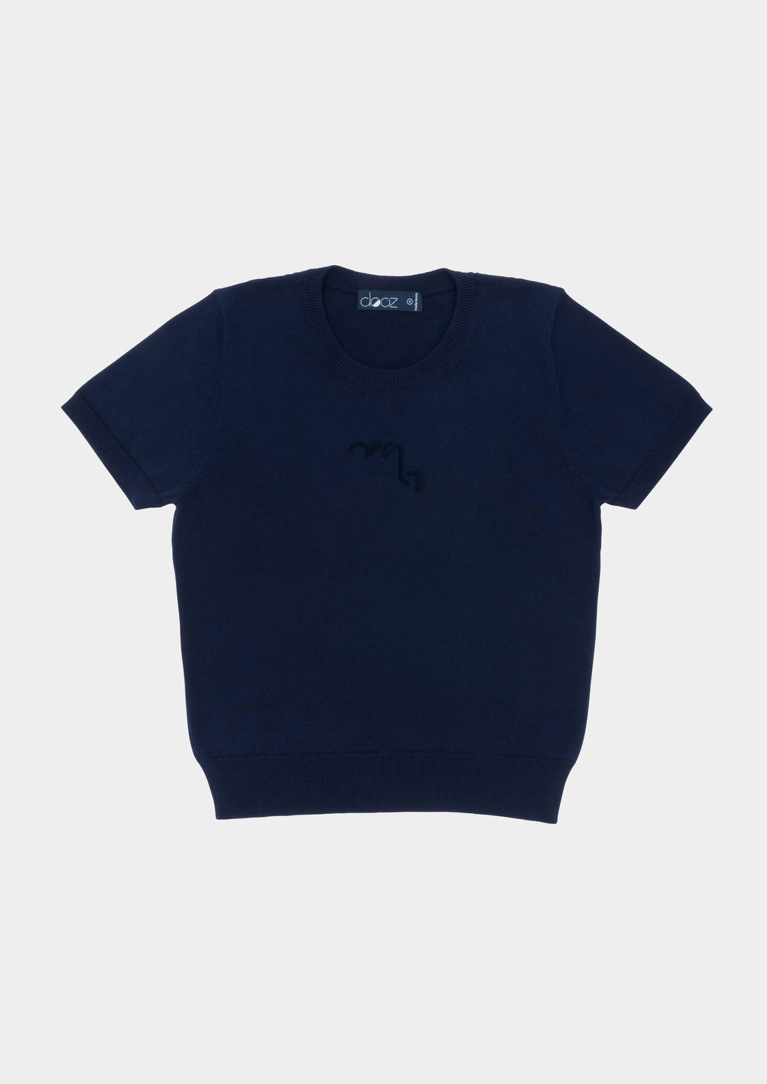 Dooz Scorpio navy cotton knit short sleeve sweater tee with zodiac glyph