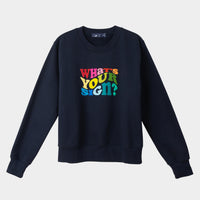 Dooz What's Your Sign? Sweatshirt navy cotton fleece with rainbow silkscreen print