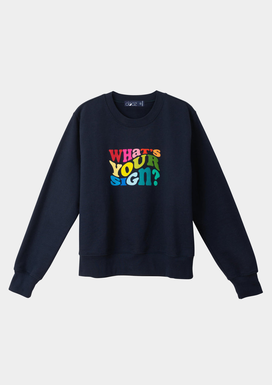 Dooz What's Your Sign? Sweatshirt navy cotton fleece with rainbow silkscreen print