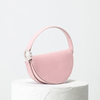 Dooz Libra celeste bag womens purse handbag in blush pink italian leather half moon modern chic shape made in usa