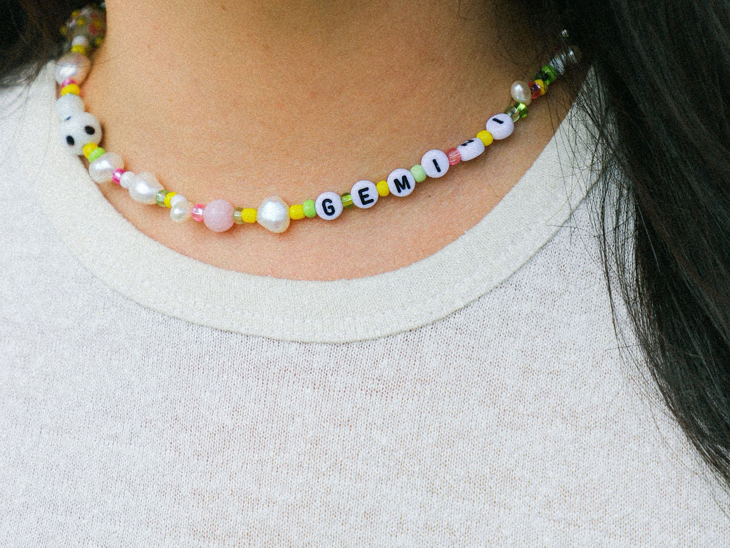Dooz gemini astrology celestial zodiac necklace unique handmade freshwater pearls and colorful beads