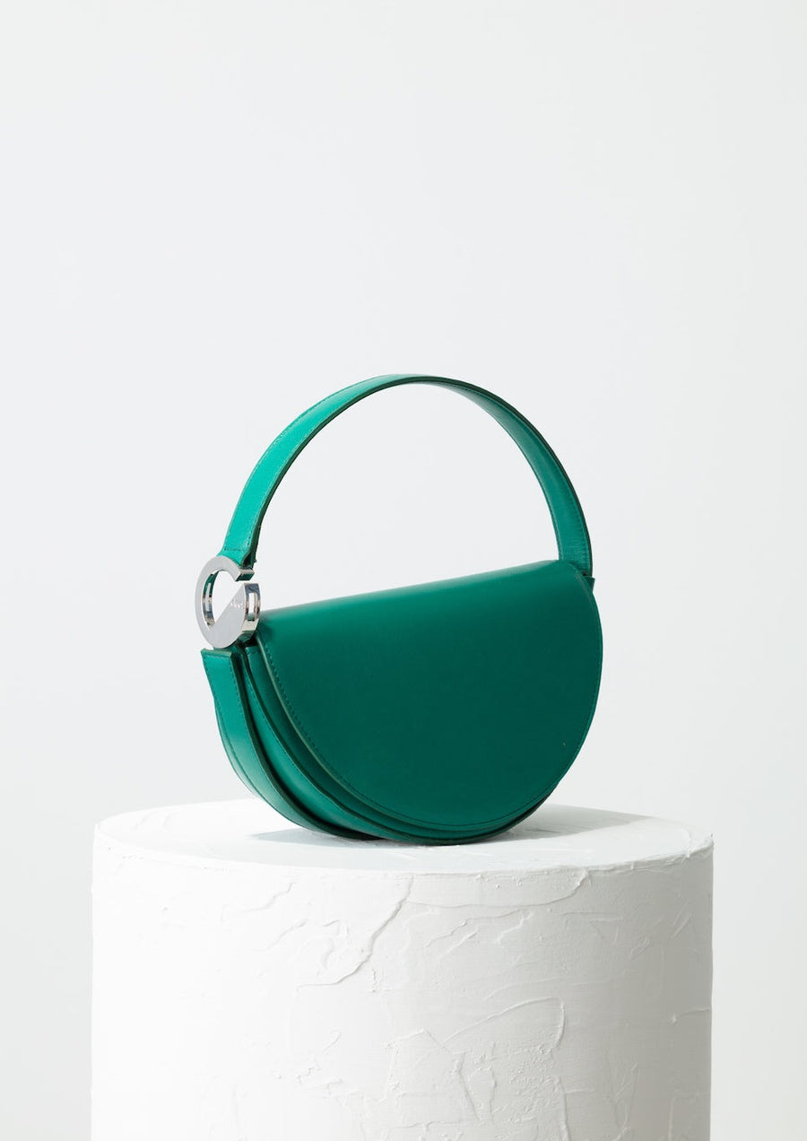 Dooz taurus green italian leather half moon modern chic womens handbag handmade in los angeles