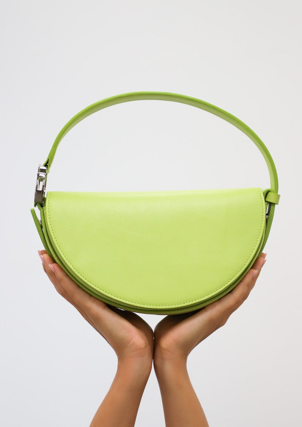 Dooz pisces lime green italian leather handbag circular shape handmade in los angeles usa