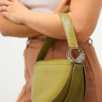 Dooz olive green capricorn leather handbag womens half moon purse with extending strap and silver logo hardware