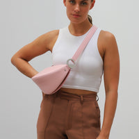 Dooz libra blush pink celeste bag womens crossbody strap purse handmade in los angeles with silver logo buckle