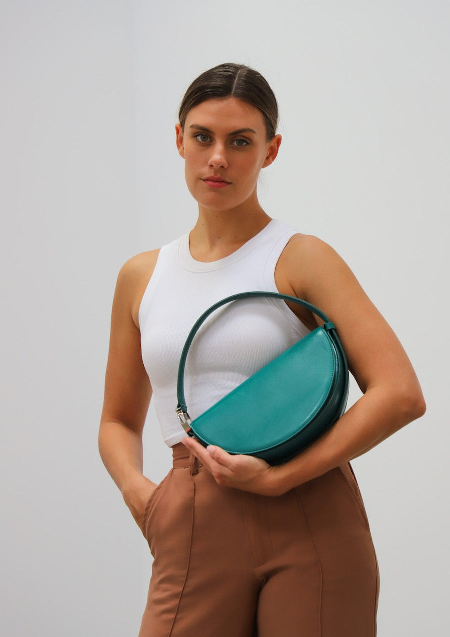 Dooz taurus emerald green leather purse womens circular half moon handbag with magnetic closure flap