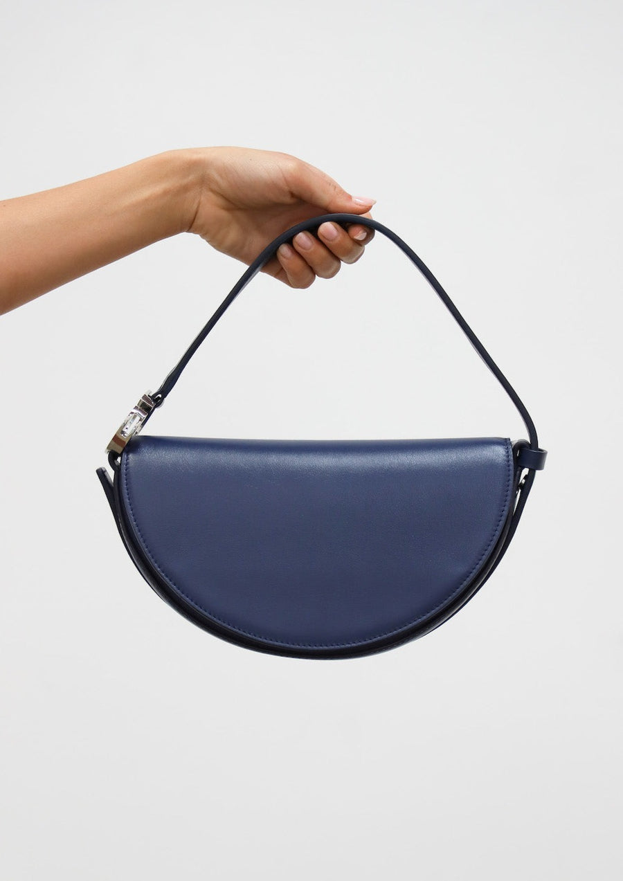 Dooz half moon shape top handle bag navy blue leather power color with short strap