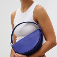 Dooz aquarius cobalt blue leather half moon circular handbag handmade in los angeles