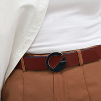 Dooz reversible leather belt detail with silver metal hardware buckle