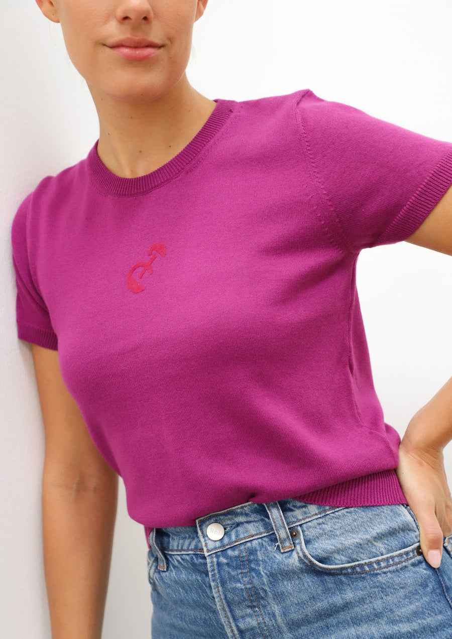 Dooz sagittarius hot pink fuchsia sweater short sleeve womens top 100% cotton