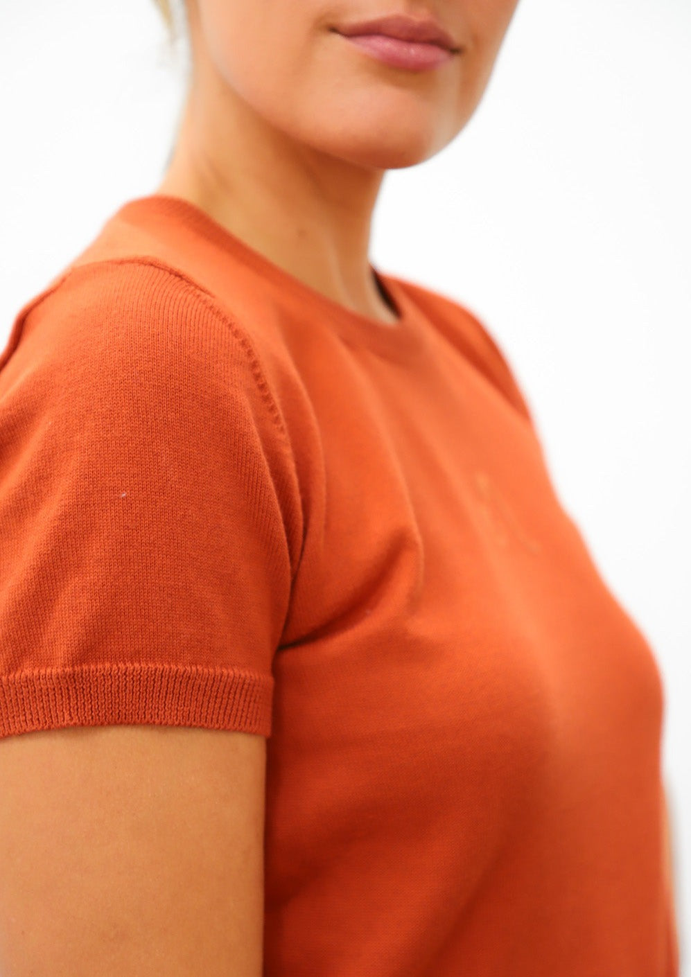 Dooz orange leo knit sweater short sleeve detail with ribbing made in los angeles usa