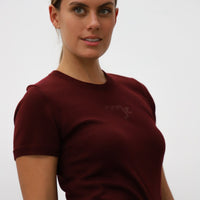 Dooz virgo astrological celestial burgundy power color top detail zodiac logo and ribbing on sleeve