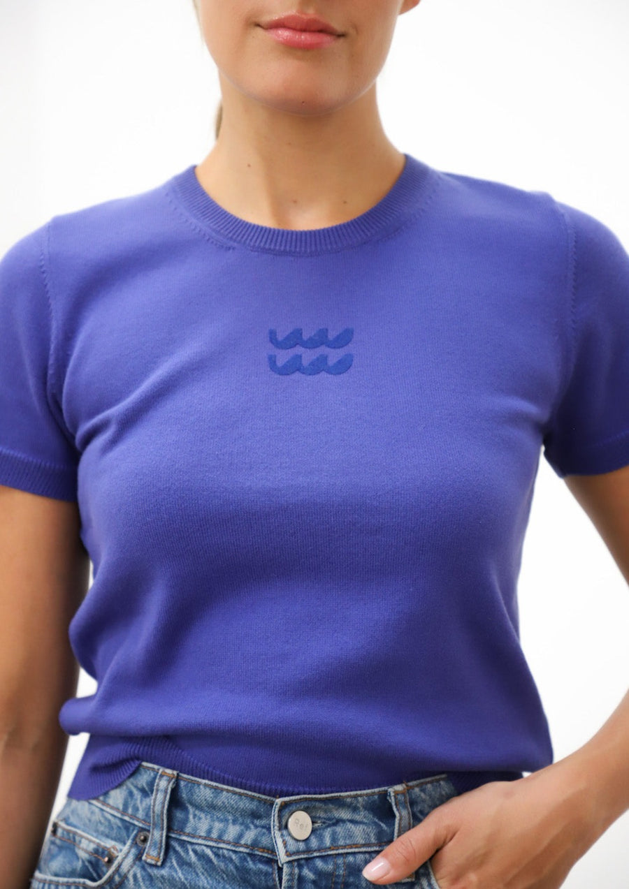 DOOZ Aquarius zodiac sign cobalt knit sweater top made in Los Angeles 100% cotton tee cobalt blue
