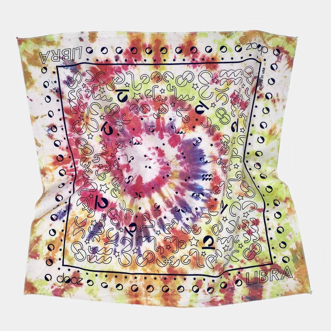 Dooz Libra screen printed cotton bandana in rainbow tie dye