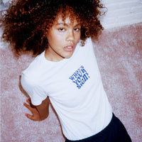 Dooz What's Your Sign? white cotton t-shirt with sweatskirt on model