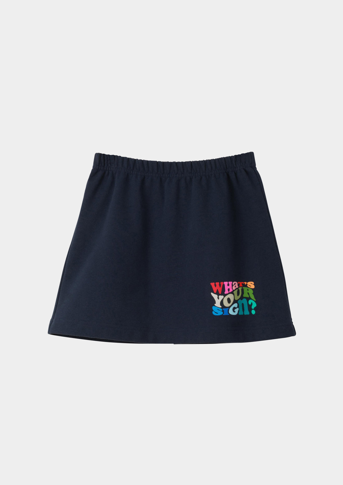 Dooz What's Your Sign? Sweat Skirt navy cotton fleece with rainbow silkscreen print and elastic waistband
