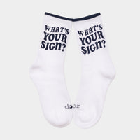 Dooz pair of cotton blend white sport socks with What's Your Sign? intarsia and logo