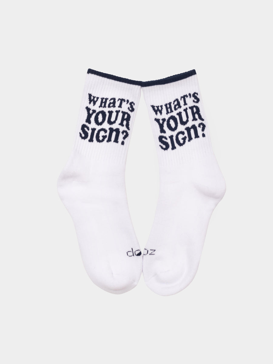 Dooz pair of cotton blend white sport socks with What's Your Sign? intarsia and logo