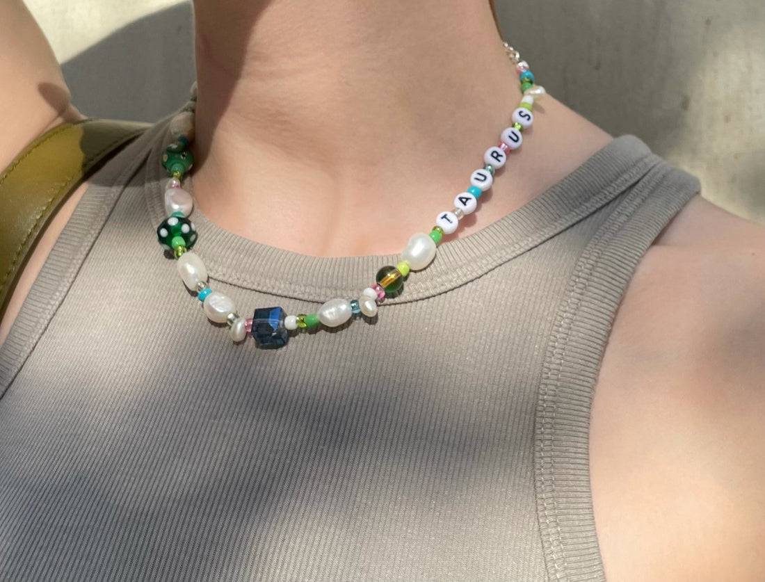 Dooz Taurus handmade custom zodiac necklace with pearls glass beads