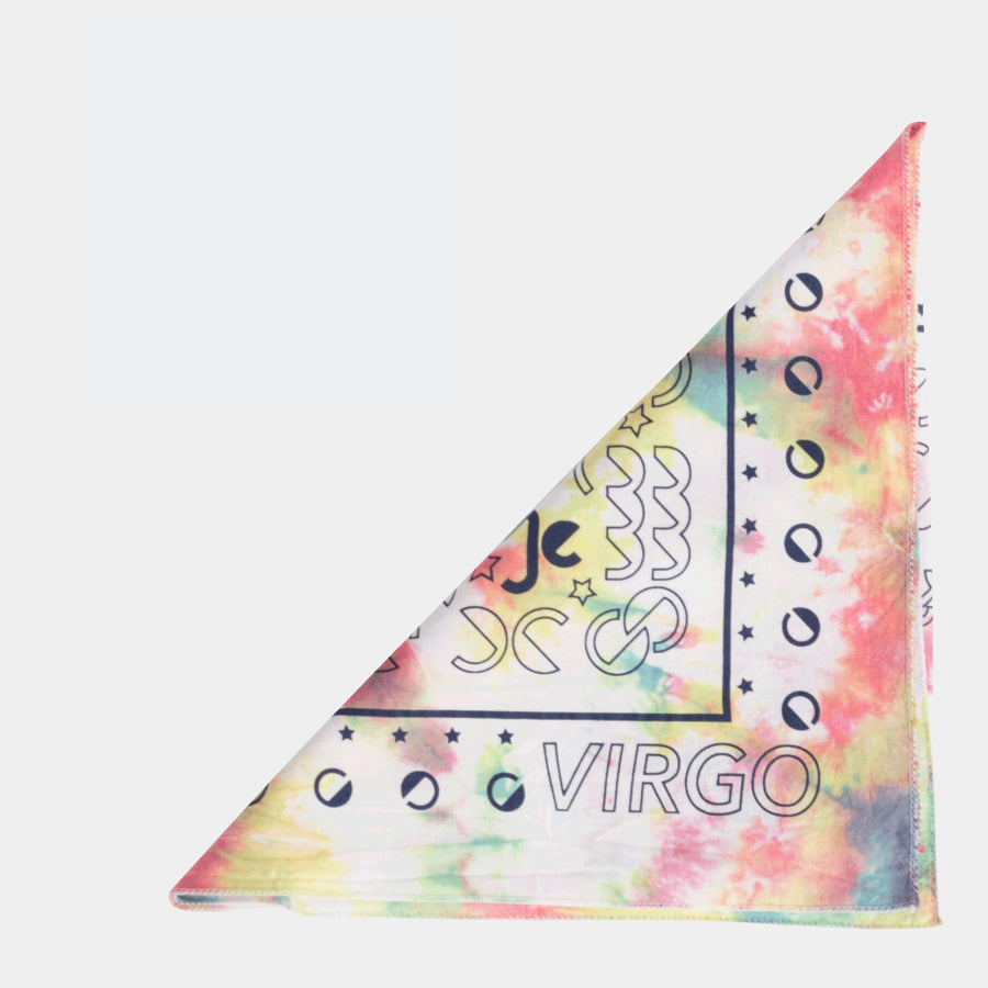 Dooz Virgo screen printed cotton bandana in rainbow tie dye folded